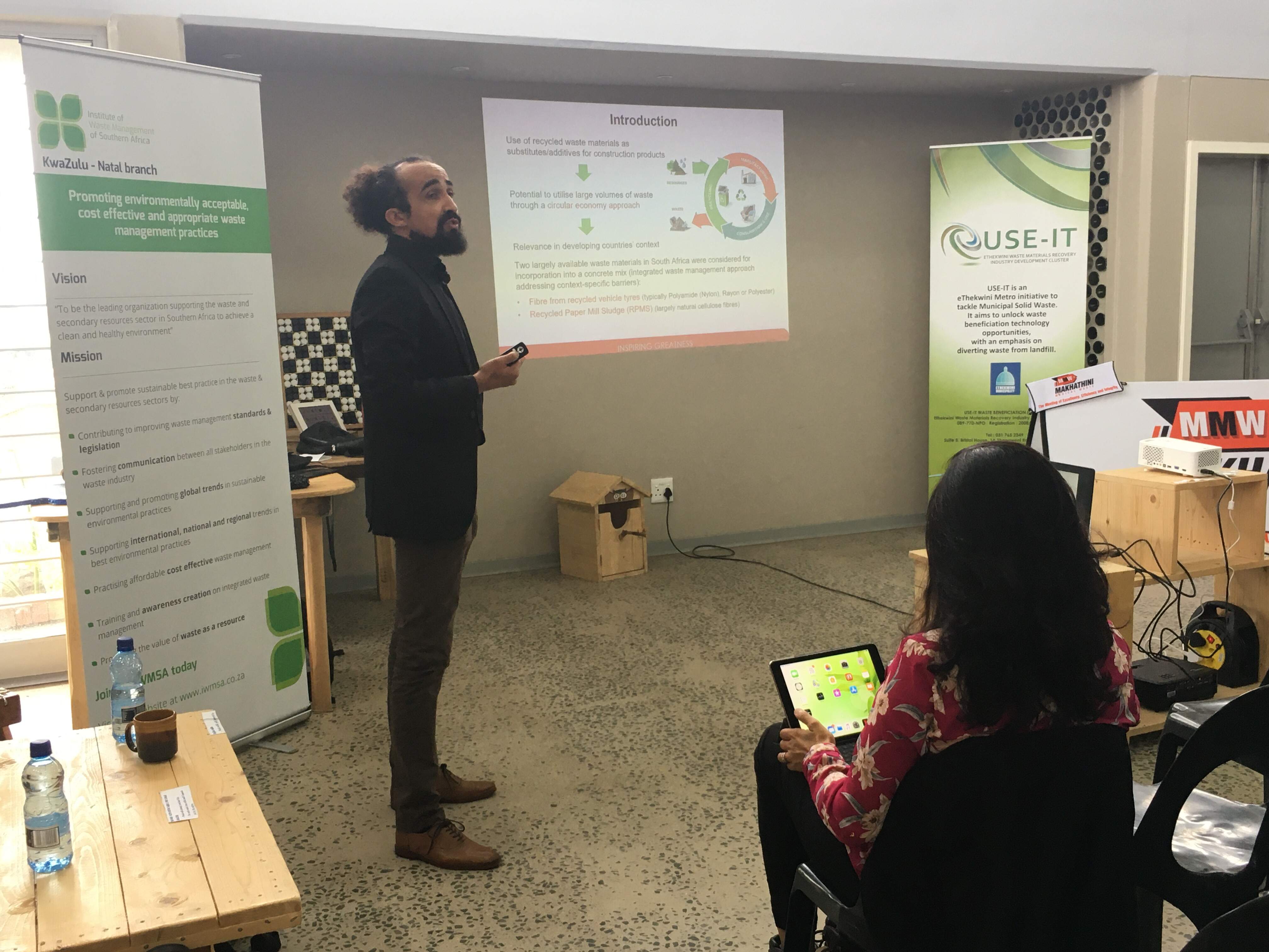 Dr Noredine Mahdjoub of UKZN presenting on research on the innovative use of waste tyre fibre and pa